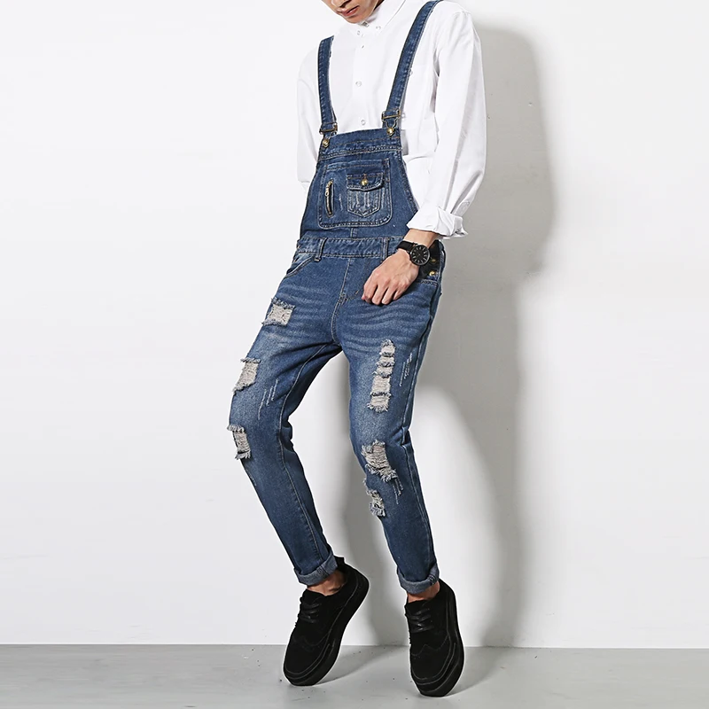 Men Slim Fit Blue Denim Overalls Ripped Bib Jeans New 2017 Male Distressed Overall Denim Pants