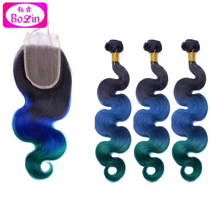 

#1b/blue/green Human Hair with Closure Body Wavy Hair Weaves and Lace Closure Brazilian Virgin Hair 3 Bundles with Closure