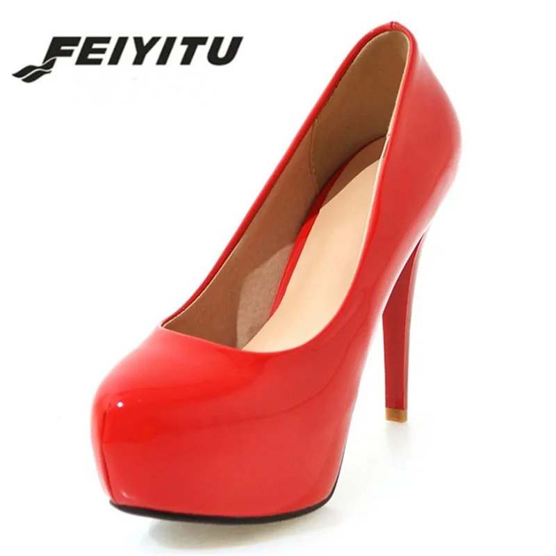 

Feiyitu large size 34-43 spring autumn sexy red women pumps stiletto high heels round toe platform concise bridal shoes