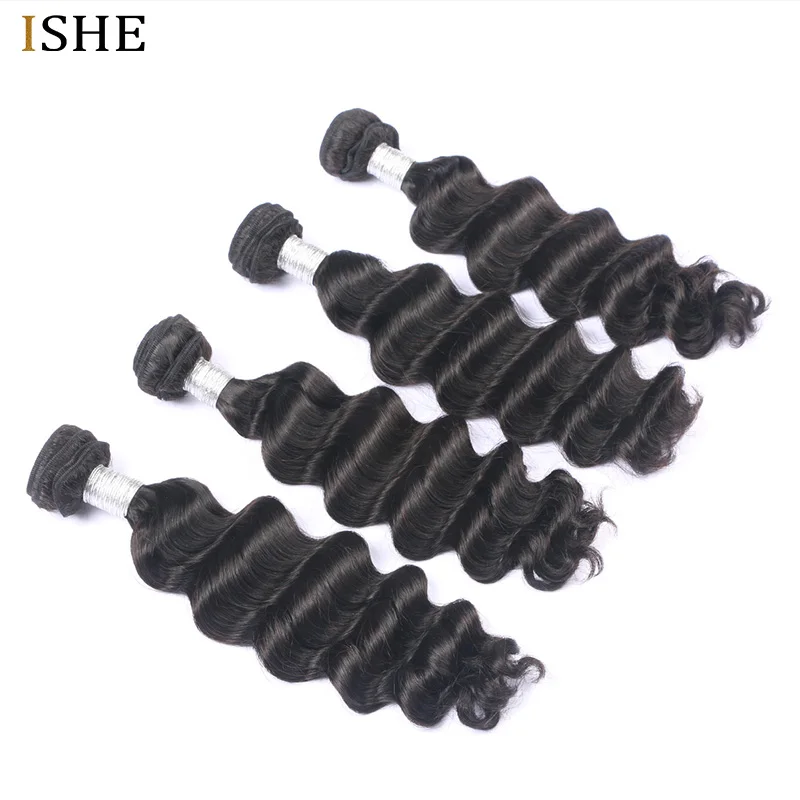 ISHE Hair Loose Deep Bundles Brazilian Hair Weave Bundles 100% Human Hair Bundles Natural Color 10-28 inch Remy Hair Weave 4 PCS