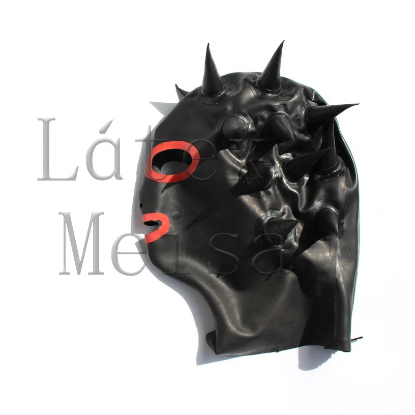 

Novelty horned decorations Feitish latex hoods open nostrils eyes and mouth with back zip in black color for adults
