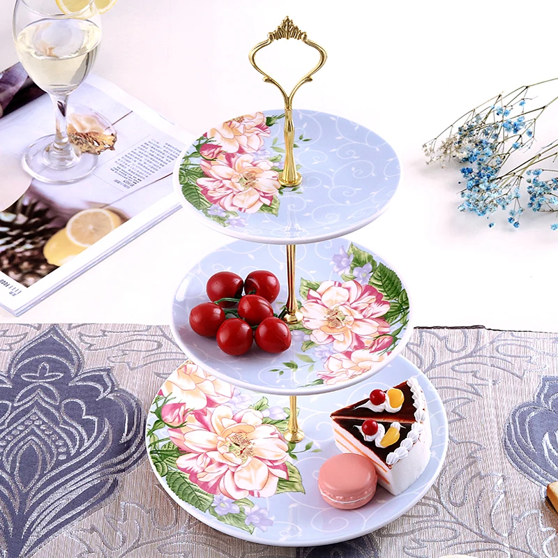  Ceramic Cake Plate Sets 3 Layer Pastry Snack Tray Kitchen Accessories Fruit Tray Handling Gold line - 32835408060
