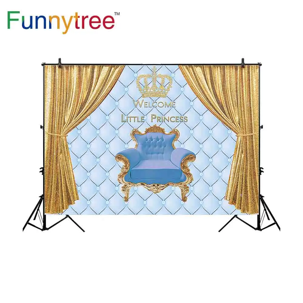 

Funnytree backdrop for photographic studio blue tufted prince crown luxurious golden curtain sofa background photocall printed