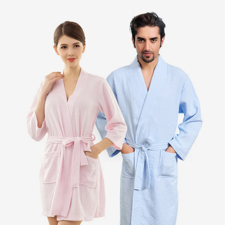 Towel Bath Robe Dressing Gown for Women Men Sleeve Solid Cotton Waffle