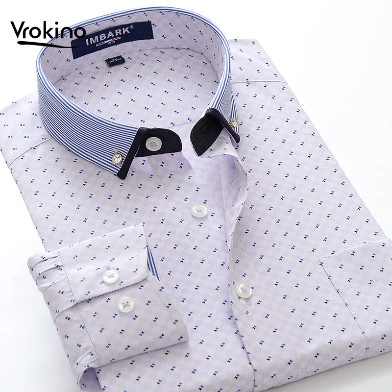 

VROKINO Brand 7XL 8XL 9XL 10XL 2019 New Spring and Autumn Printed Shirt Men Business Casual Fashion Long Sleeve Shirt