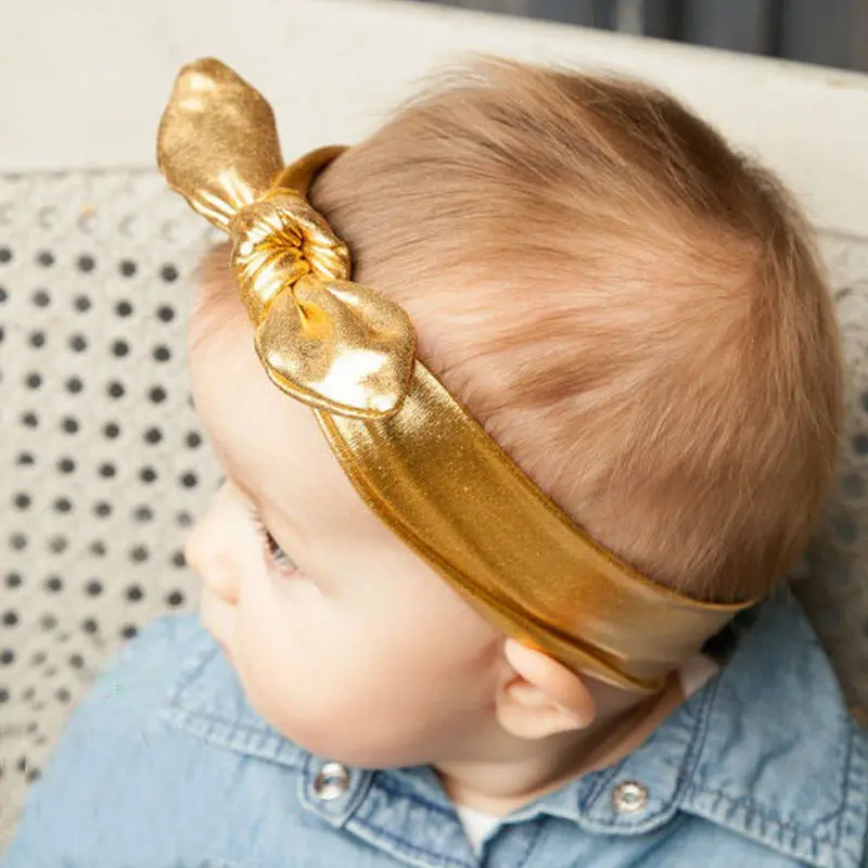 Новая мода, детский металлик неряшливый большой бант, повязка на голову для маленьких девочек, детская тканевая лента для волос с узлом в виде тюрбана, аксессуары для волос