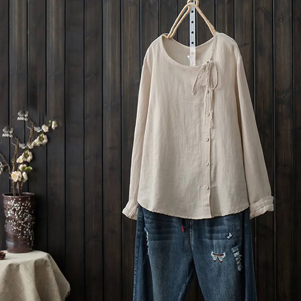 

Women Casual Blouse Solid Bow Print Shirt Round Neck Blouse Button Blouse Tops Blusas Femininas Womens Shirt 2019 Fashion Shirts