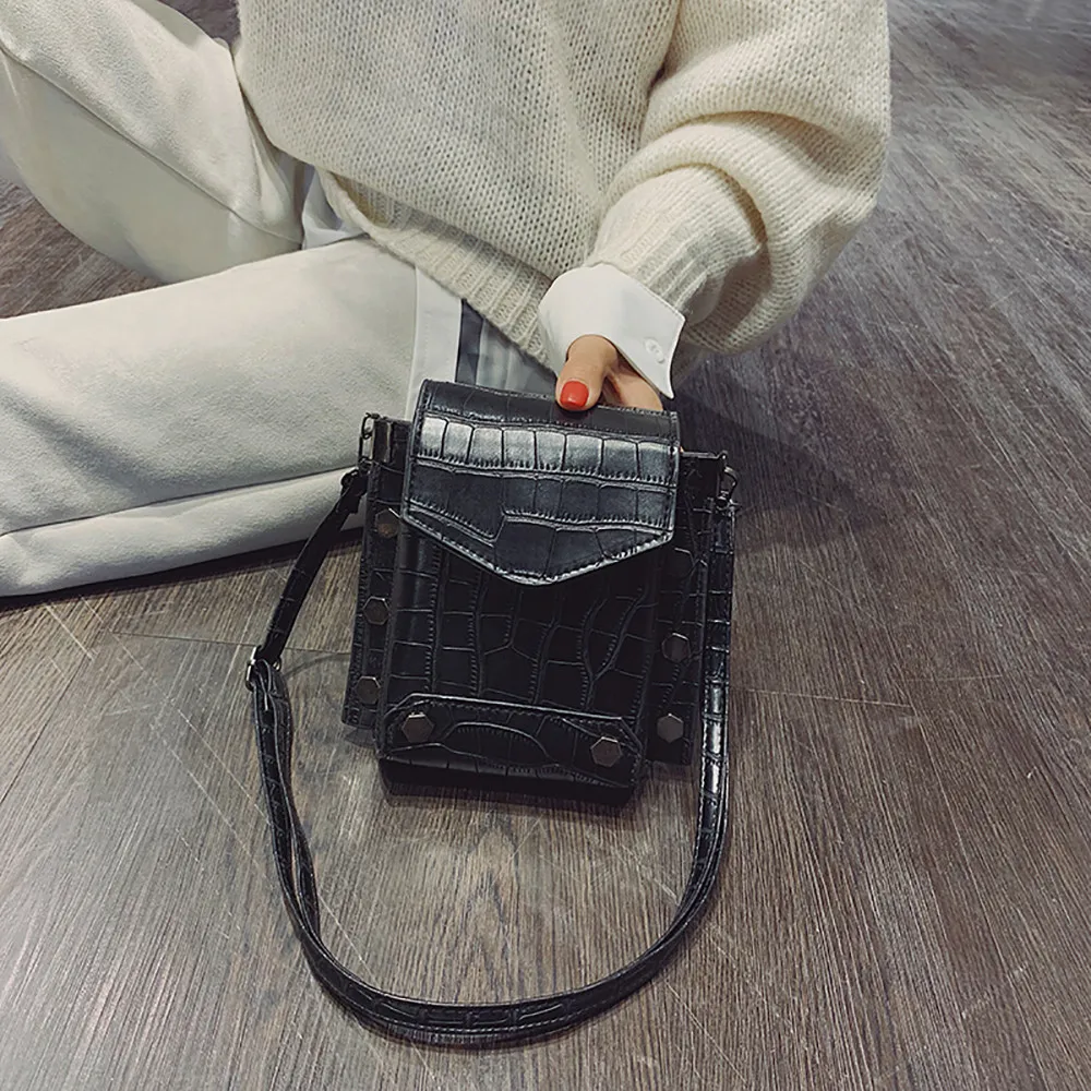 Женская маленькая квадратная сумка с каменным узором, новинка, однотонная сумка на плечо с заклепками, сумка через плечо в Корейском стиле Ja24