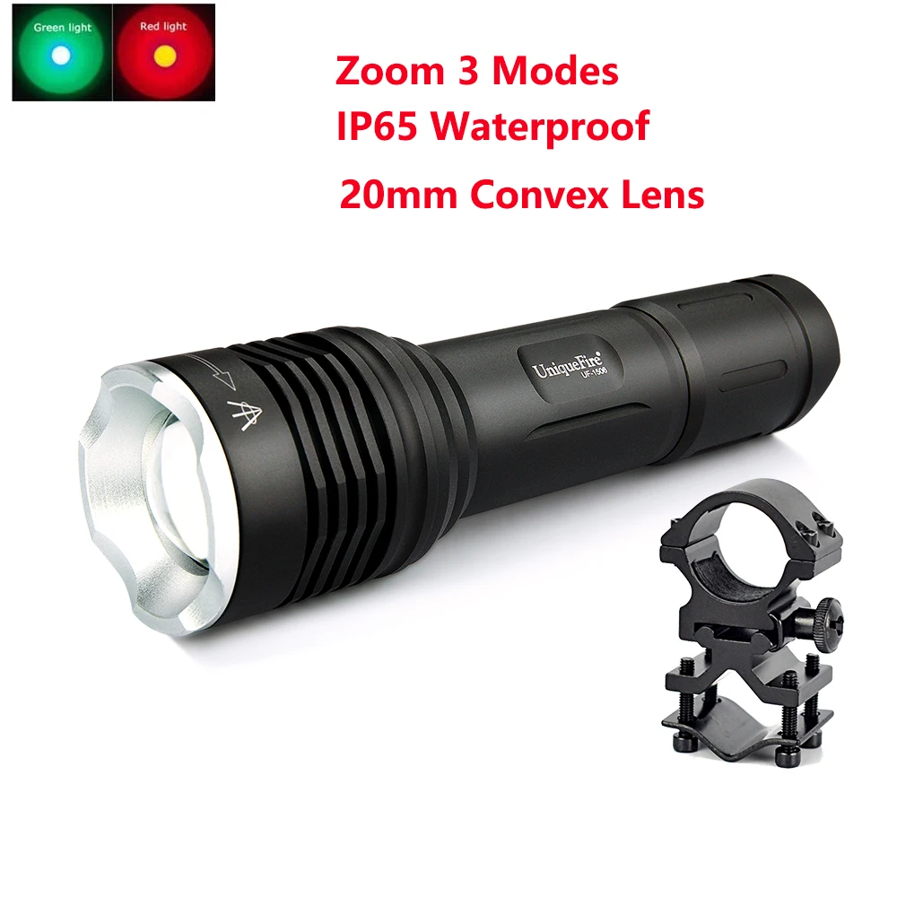 

UniqueFire Mini LED Flashlight UF-1506 XPE Led Aluminum Alloy 3 Modes Zoom 20mm Convex Lens Lamp Torch(G/R)+Scope Mount