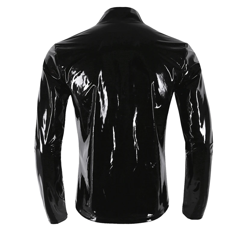 YiZYiF Men Shiny Metallic Front-Zip Stand Collar Tops Wet Look Sexy Patent Leather Nightclub Style Long Sleeve Tops For Men motorcycle leather jackets