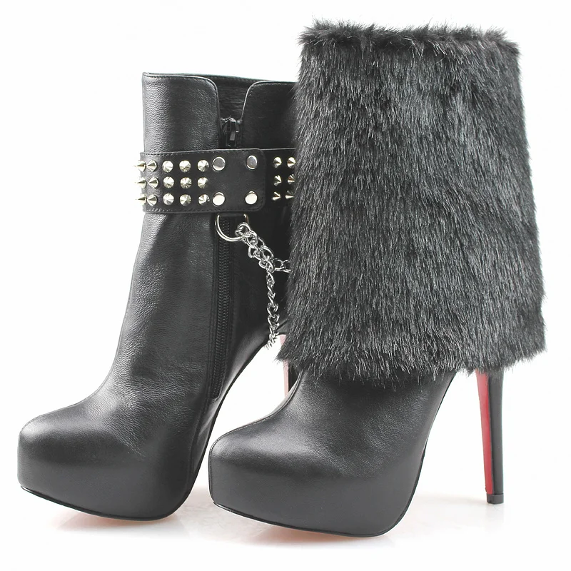 2015 Hot Sale Women Luxury Designer Winter Boots Genuine Leather Fur Side Zip Silver Chains ...