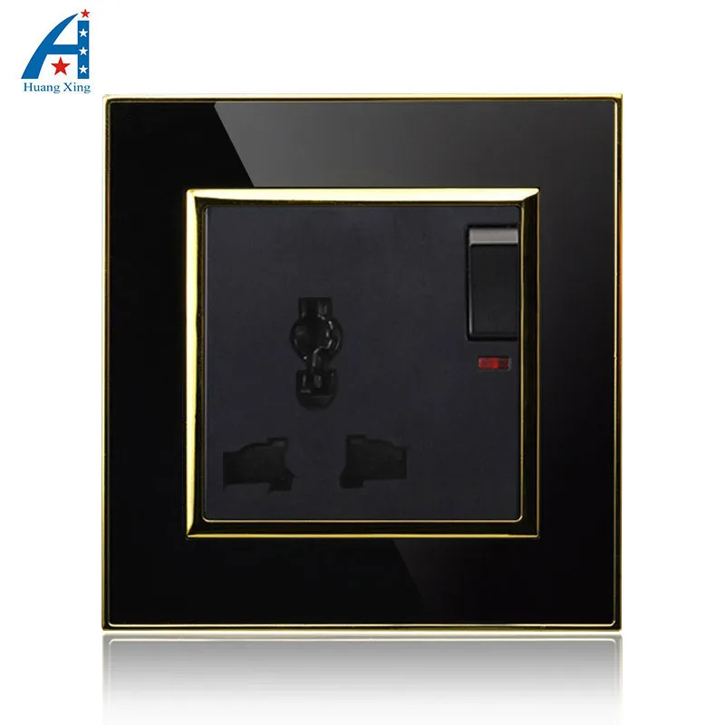 

3 Pin Universal hole wall socket with ON/OFF switch, luxury Black Crystal acrylic 13A electrical wall outlet