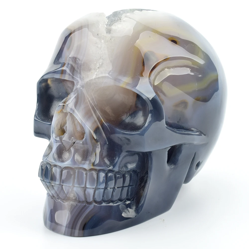 

Life Size 6.3'' Amazing Striped Agate Geode Engraved Crystal Skull Statue Realistic Healing Stone Carving Sculpture Home Decor