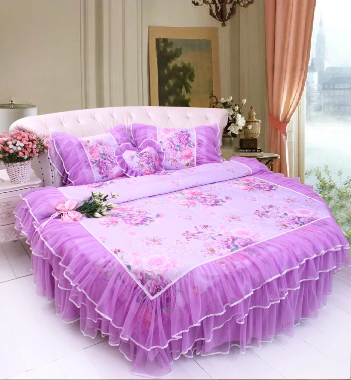 DreamingBLUE кружева круглая кровать постельного белья King SIZE 8 ноги домой сладкий цветок DuvetCover Bedskirt наволочка наборы