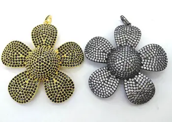 

AA+ 50mm Black CZ Micro pave Diamond beads Flower Pendant With CZ Bail Gold Jet charm Jewelry Focal