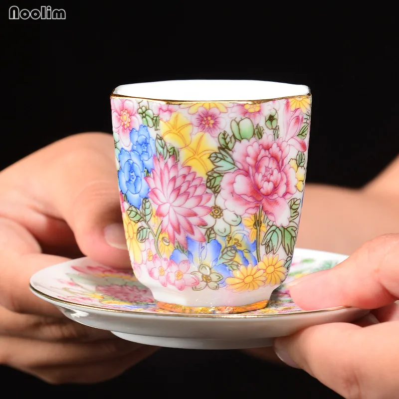 

NOOLIM Jingdezhen Tea Set Ceramic Cup Hand-painted Enamel Pastel Flowers Tea Cup Kung Fu Teacup Drinkware Accessories