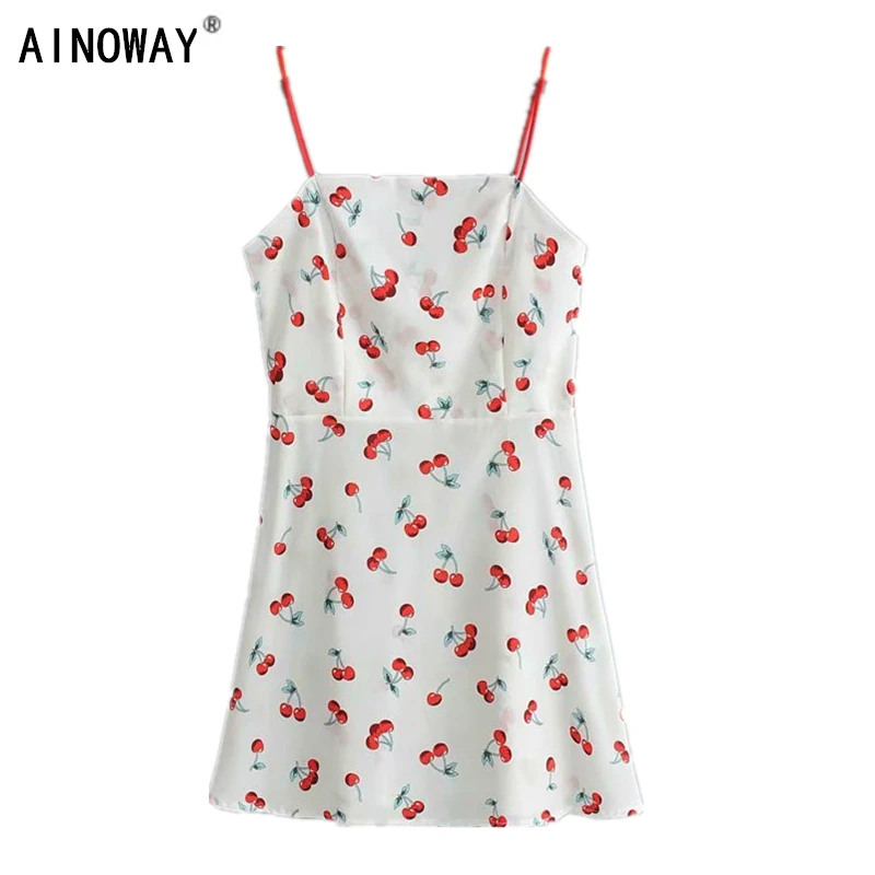 

Fashion vintage chic women Spaghetti strap cherry printed Satin Cami dress slim fit mini dresses oversize