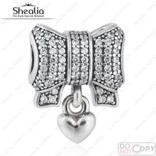 Colgante de corazón Granos Del Encanto 925 de Plata de ley Cubic Zirconia Del nudo Del Arco de Navidad Charms Adapta Pandora Pulsera Diy Joyería SHEALIA