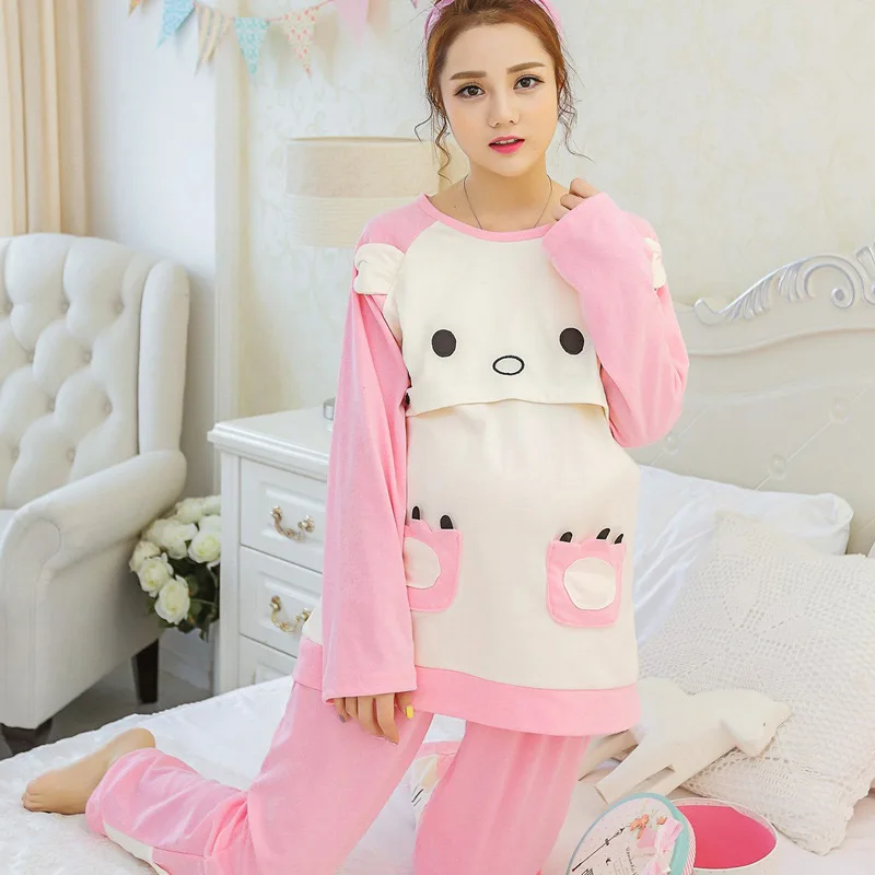 

Autumn Pajama Adjustable Nightgown Maternity Sets for Pregnant Women Mothers Breastfeeding Cute Sleepwear Tops+Striped Pant