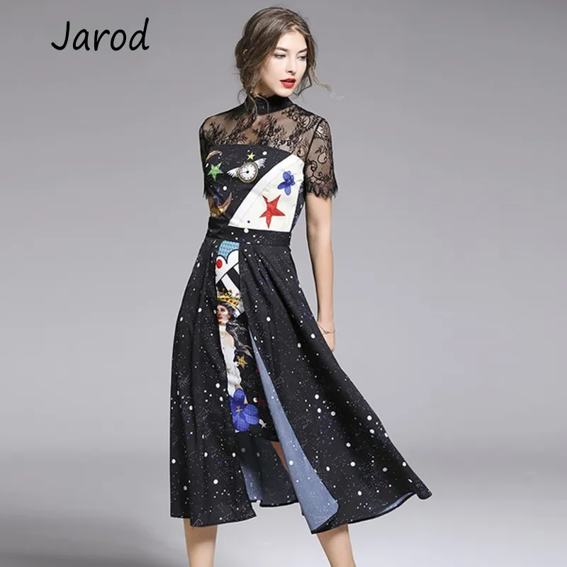 

2019 Fashion Runway Summer Dress Women's Short Sleeve Elegant Angel Print Lace patchwork Split Vintage Midi Dress