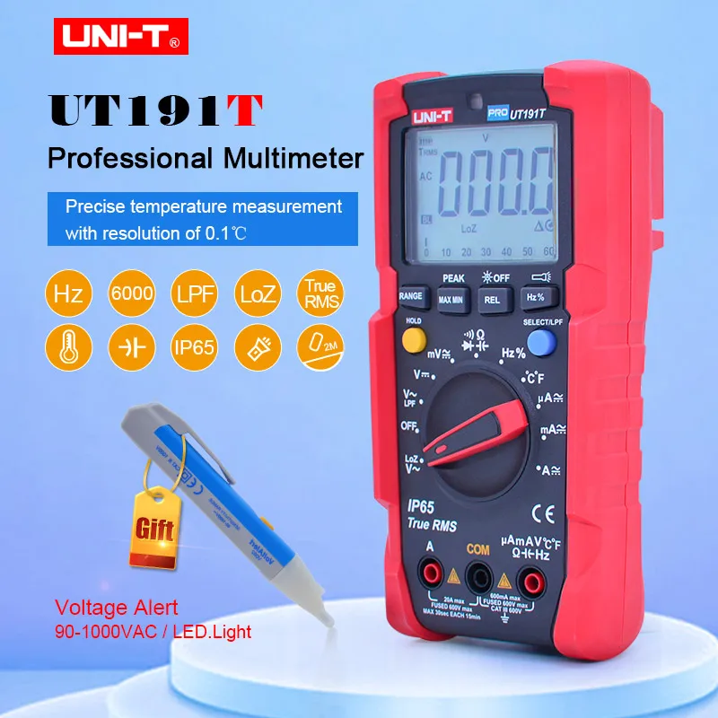 

UNI-T Portable True RMS Multimeter UT191T Display Count 6000 DC/AC Voltage Current Resistance Capacitance Frequency Temperature