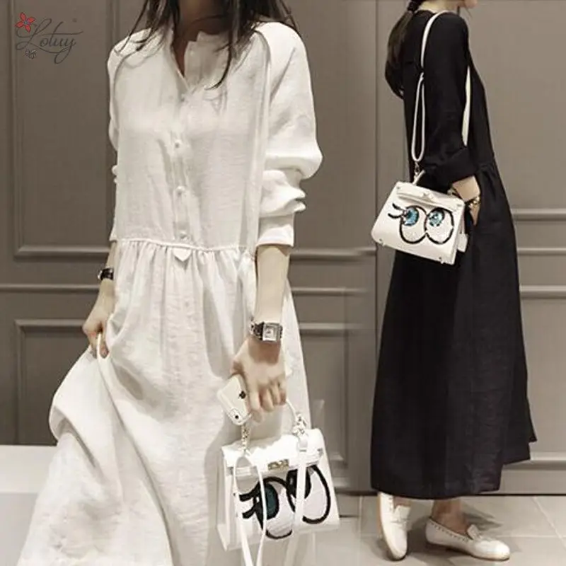 

2017 Spring New Women Fashion Long-sleeved Lapel Cotton and Linen Shirt Dress Maxi Dress Vintage Dress Vestidos 9120#
