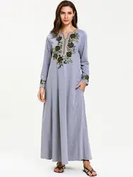 Мусульманские женщины длинный рукав бархат вышивка Дубай платье макси abaya jalabiya Исламская одежда для женщин халат кафтан марокканский 7319