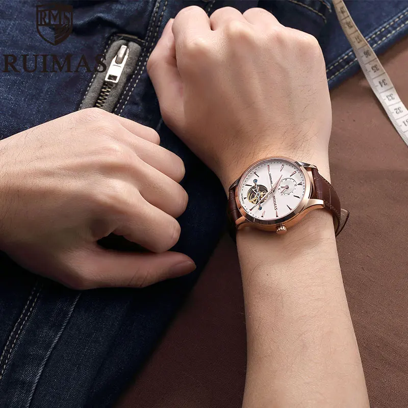 Ruimas Мужские механические часы Tourbillon Роскошные модные брендовые кожаные мужские