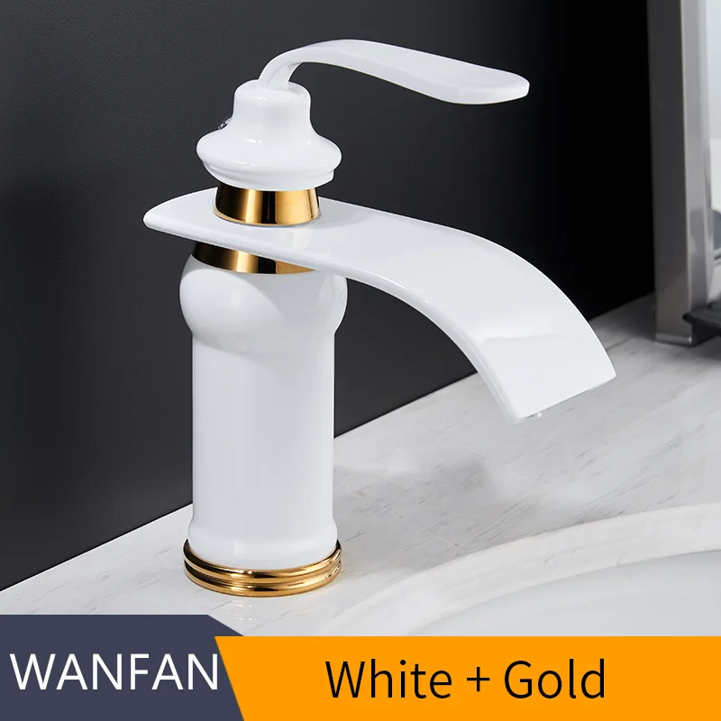Золотые Смесители для раковины, современный стиль, кран для ванной комнаты, на бортике, водопад, одно отверстие, смесители для холодной и горячей воды, кран 9273 - Цвет: White and Gold