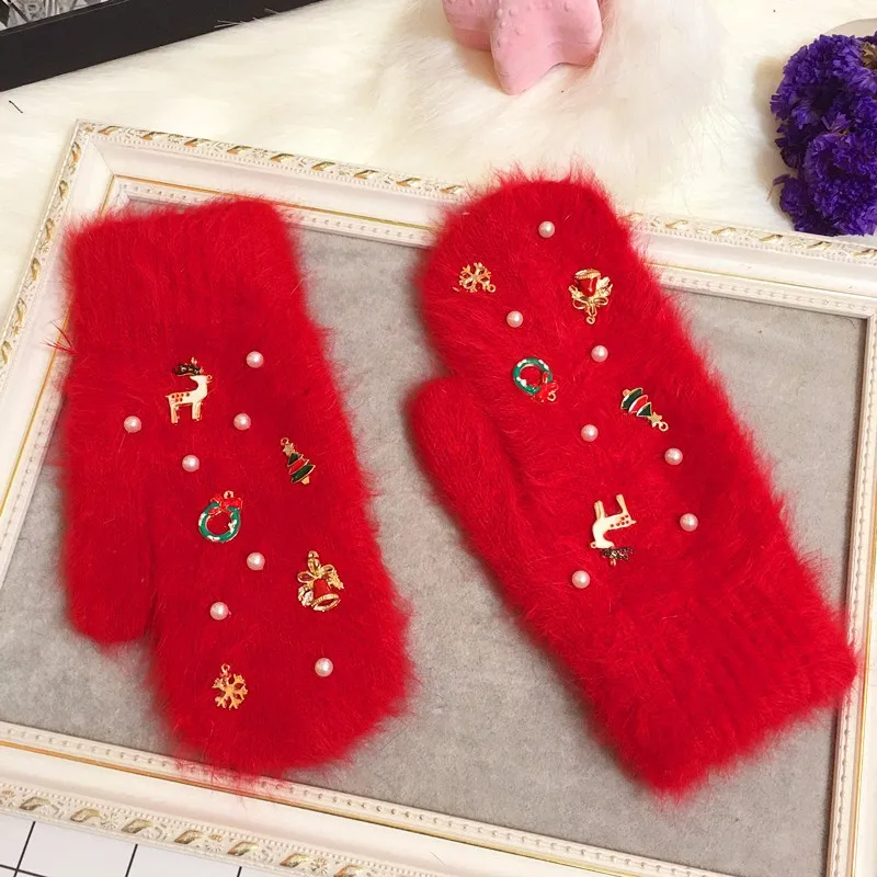 Веселый Рождественский подарок Для женщин Зимние перчатки Модные украшения вязать перчатки мех кролика перчатки Цвет мех перчатки женский