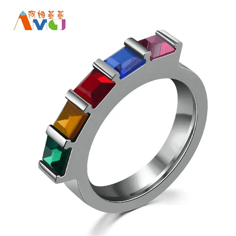 AMGJek 4mm Cute Rings Five Colors Square Cubic Zirconia Colourful Crystal Ring Girls Jewelry Titanium Steel Metal US Size JZ042 | Украшения
