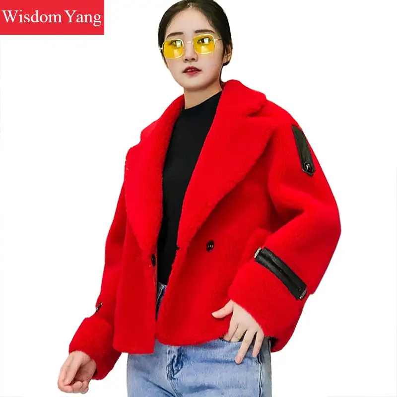 

Winter Warm Sheepskin Leather Sheep Shearing Coat Trench Red Wool Short Coats Womens Cashmere Oversize Woolen Overcoat Outerwear