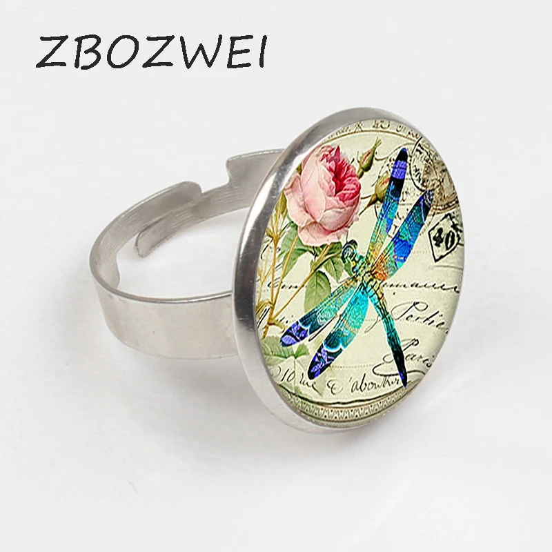 

ZBOZWEI 2018 Blue Dragonfly with Rose Glass Ring. Dragonfly Ring Dragonfly Jewelry birthday Glass cabochon Ring Christmas