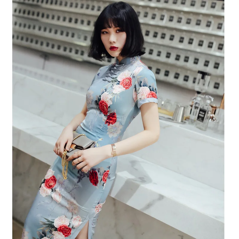 Шелк атлас cheongsam китайское традиционное платье vestido без рукавов женское платье с высоким воротом вечерние платья qipao - Цвет: color1