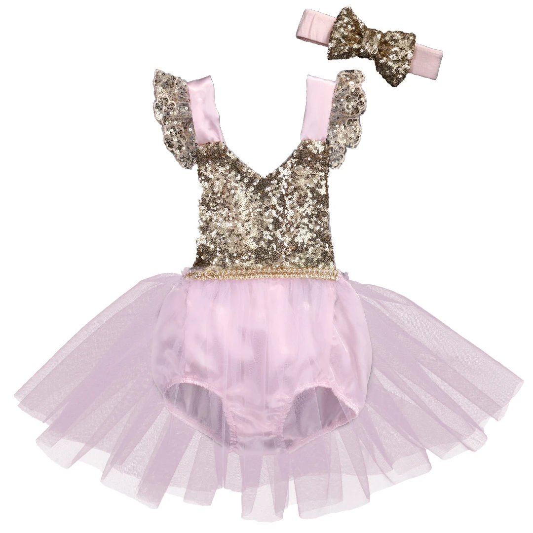 

2017 Summer Sequins Newborn Baby Kids Girls Sleeveless Backless Party Pink Dresses Size 0- 3T