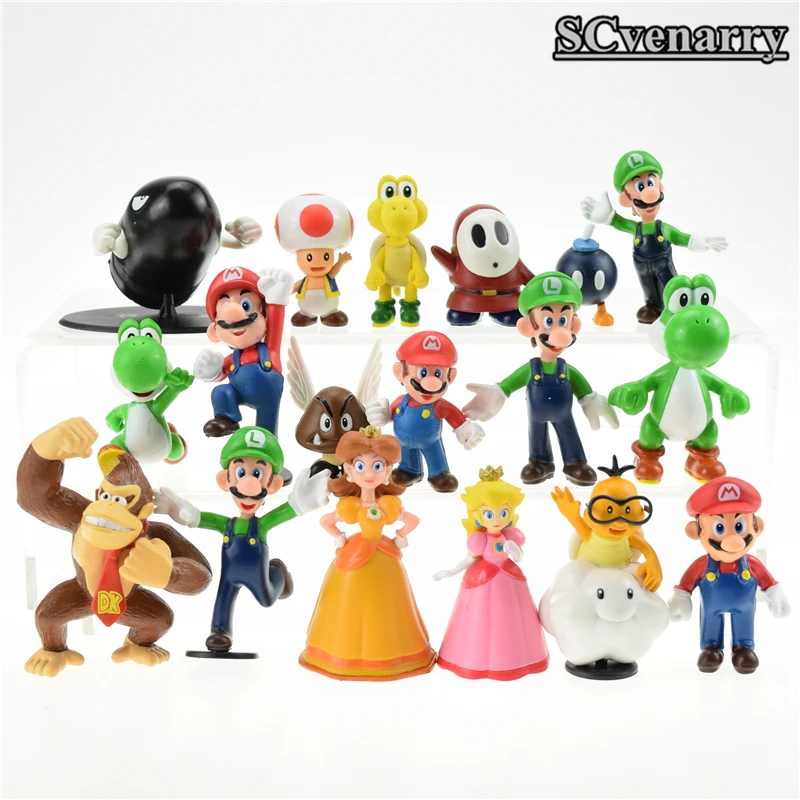 

18pcs/lot Super Mario Bros brinquedos yoshi dinosaur Peach toad Goomba PVC Action Figures Collectinble Model toys