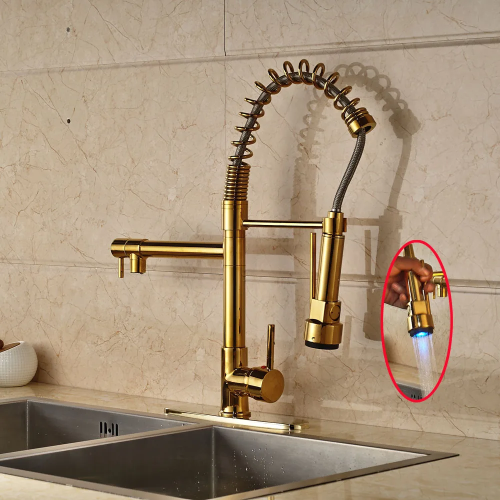 

Gold Polished Kitchen Sink Faucet Swivel Spout Pull Out Mixer Tap with Cover Plate
