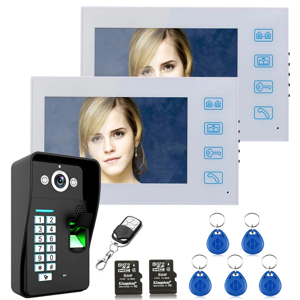 7\ Recording 2 Monitor Fingerprint Recognition RFID Password HD Video Door Phone Intercom Doorbell With 8G TF Card Night Vision