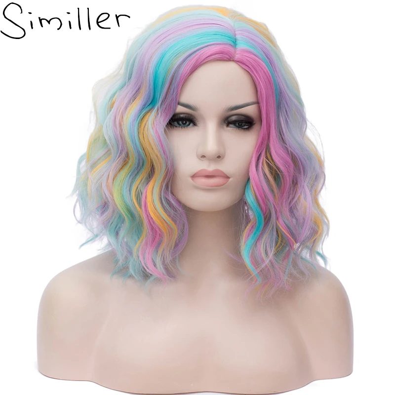 Similler Curly Short Synthetic Wigs Rainbow Colorful Mermaid Wig For Women Cosplay Halloween Costume Multicolor sneakers halloween pumpkin face lace up sneakers in multicolor size 38 41