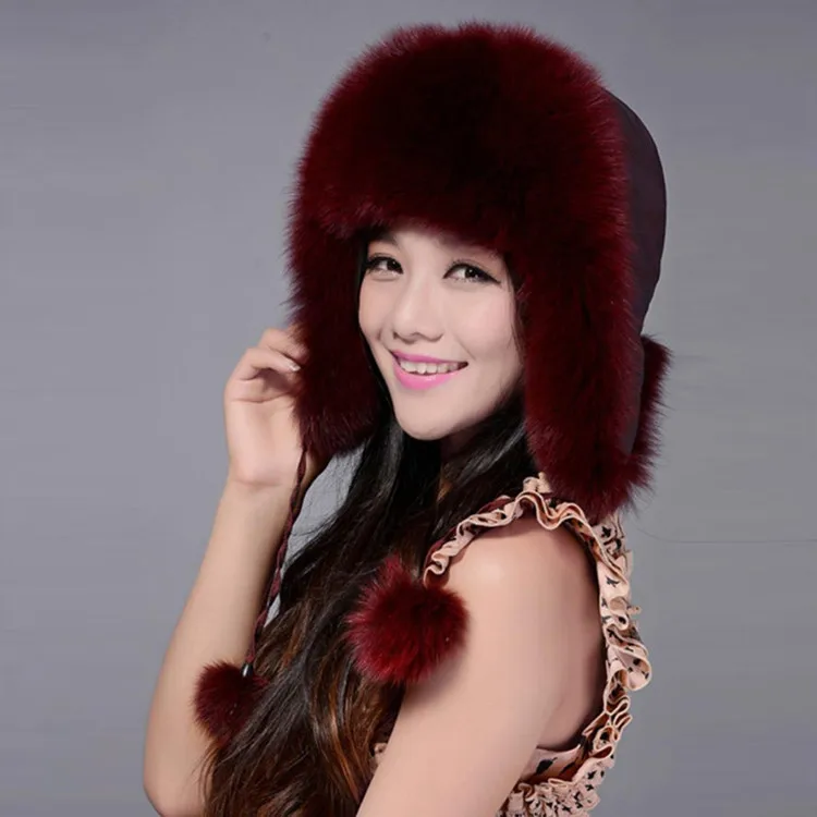 Fur Story, зимняя женская шапка из лисьего меха, шапки-бомберы, шапка, шапка для снега, меховая шапка, меховая шапка, защита для ушей, тёплая шапка 060101a - Цвет: Color 7 Wine