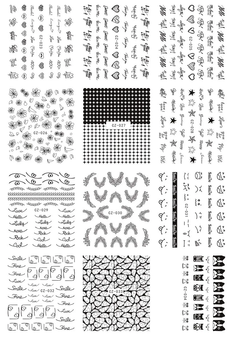 KADS 12 лист/1SET. CZ23-34 Воды пропуск Ногтей Наклейки Цветы и письма и милые лица черный дизайн наклейки для переноса воды стикер