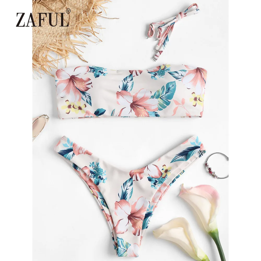 

ZAFUL Bandeau Bikini Floral Swimwear Women High Leg Swimsuit Padded Thong Bikini Sexy Strapless Bathing Suit Brazilian Biquni