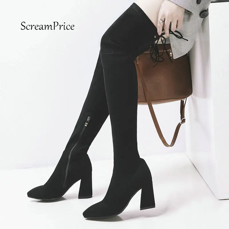

Women Suede Side Zipper Hoof Heels Over The Knee Boots Fashion Pointed Toe Thigh Elastic Boots Black Gray Khaki