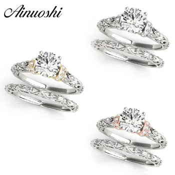 

AINUOSHI Trendy 925 Sterling Silver Wedding Ring Set Women Engagement Anniversary Round Cut Lovely Bridal Rings Jewelry Gifts