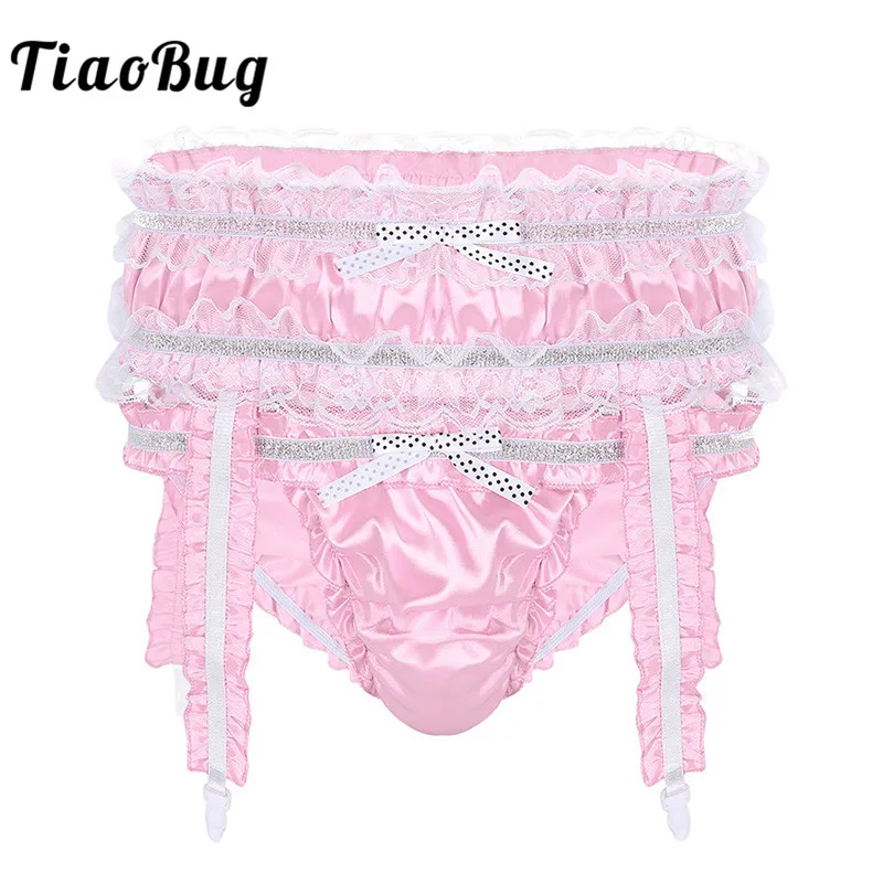 

TiaoBug Men Soft Shiny Satin Sissy Panties Lingerie Ruffle Frilly Low Rise Stretchy Briefs with Garters Sexy Male Gay Underwear
