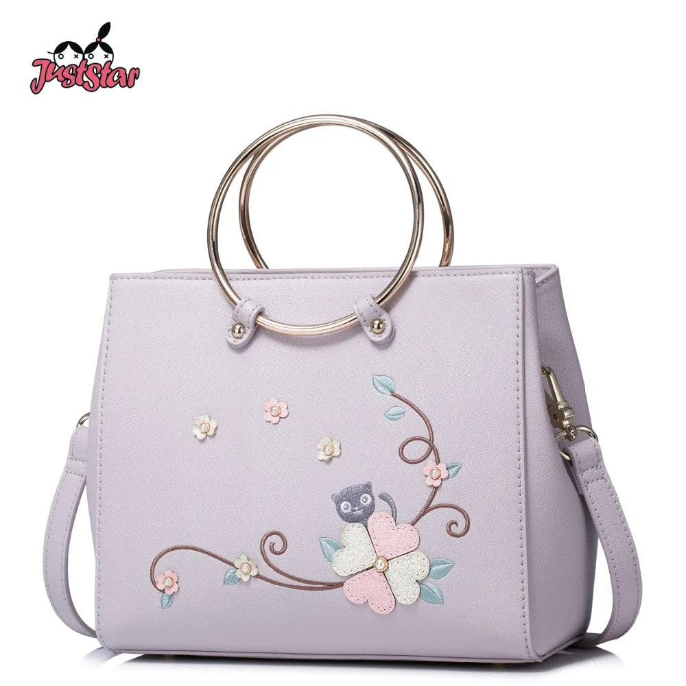 

JUST STAR Women PU Leather Handbags Ladies Ring Handle Tote Bags Girl's Embroidery Crossbody Bags Female Messenger Bags JZ4293