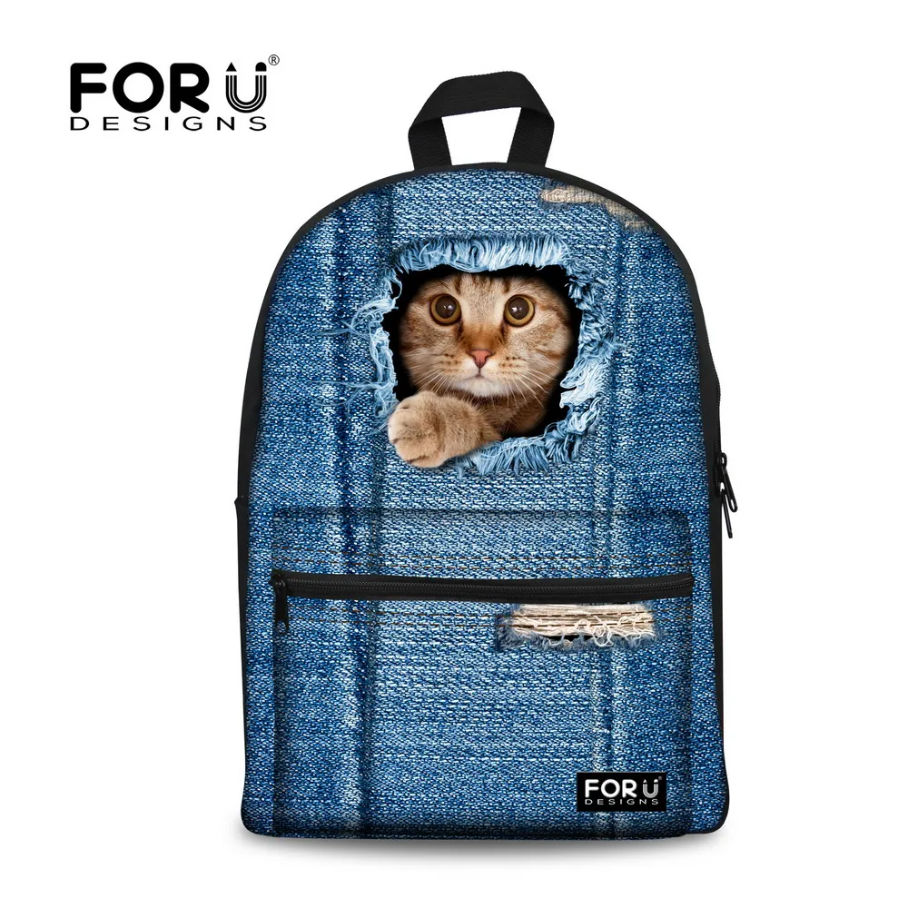 2017 Women Backpacks Cute 3D Animal Cat Printing Rucksack Cowboy Blue