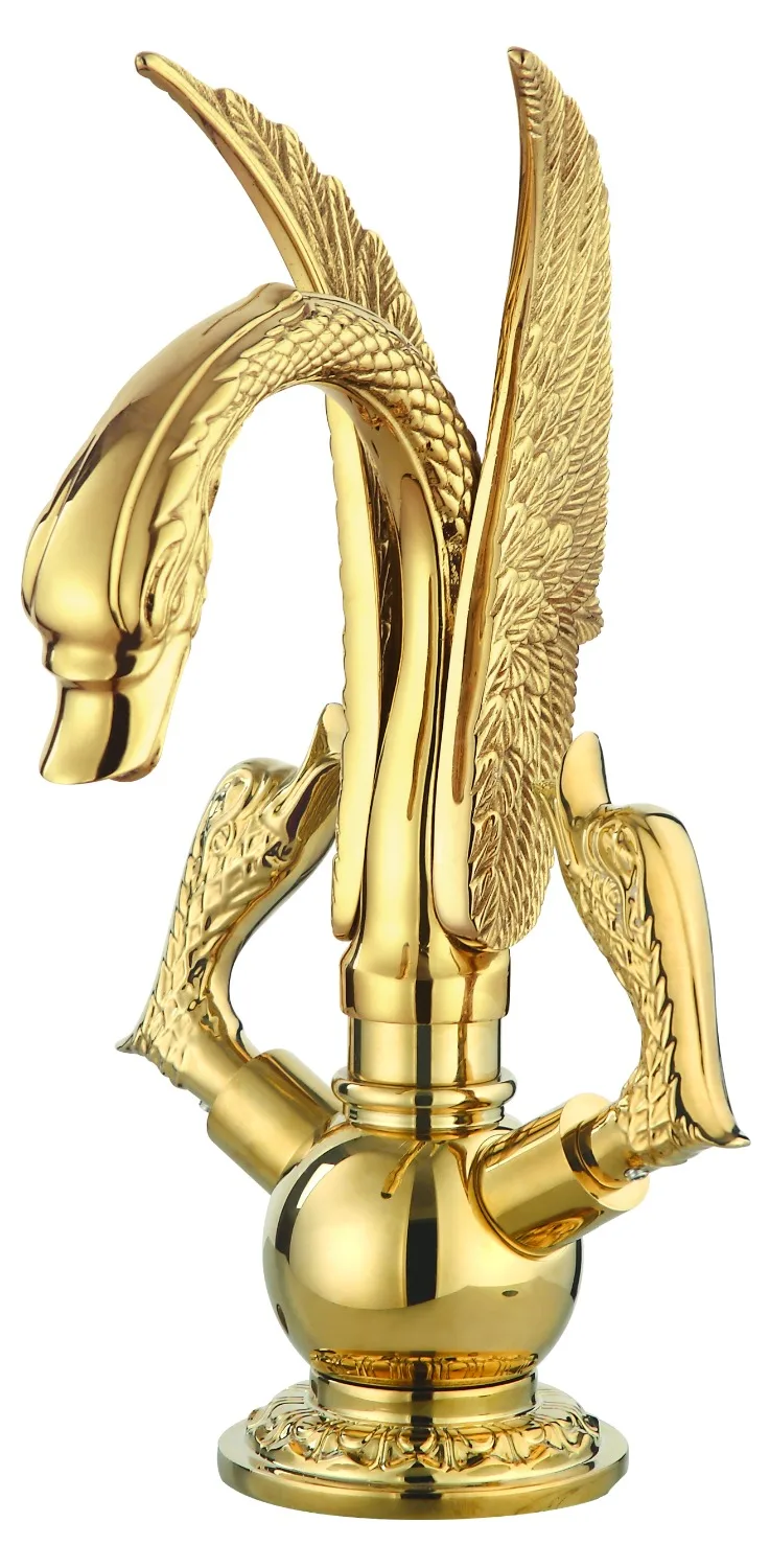 

Free shipping GOLD PVD single hole Double Knobs bathroom basin swan faucet mixer tap