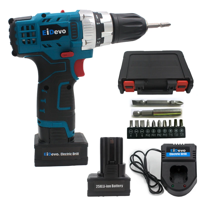 

25V Mini Electric Screwdriver Cordless Drill 2 Batteries Docking Charger Two Speed Mode Plastic Box Power Tool Screwdriver