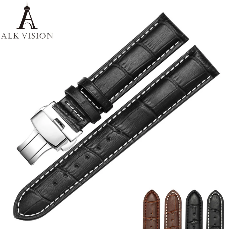 

ALK Leather Watch Band Bracelet Strap butterfly deployant Clasp buckle Watchband 16 17 18 19 20 21 22 24mm